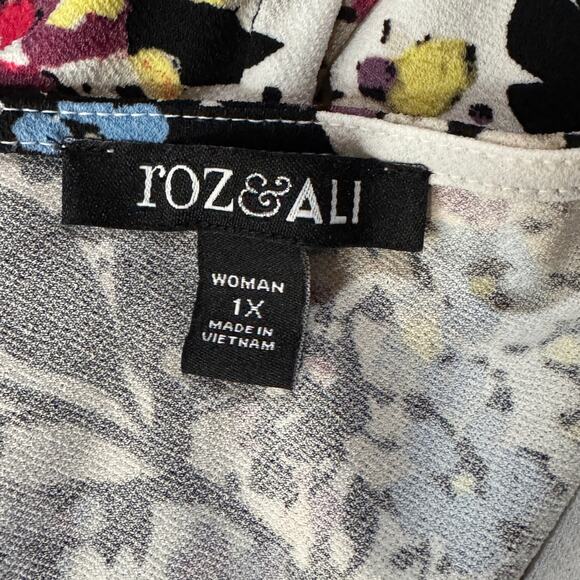 Roz & Ali 1X-Large Top Floral Cap Sleeve Stretch Off-Center Neckline Slits Multi - Picture 6 of 8